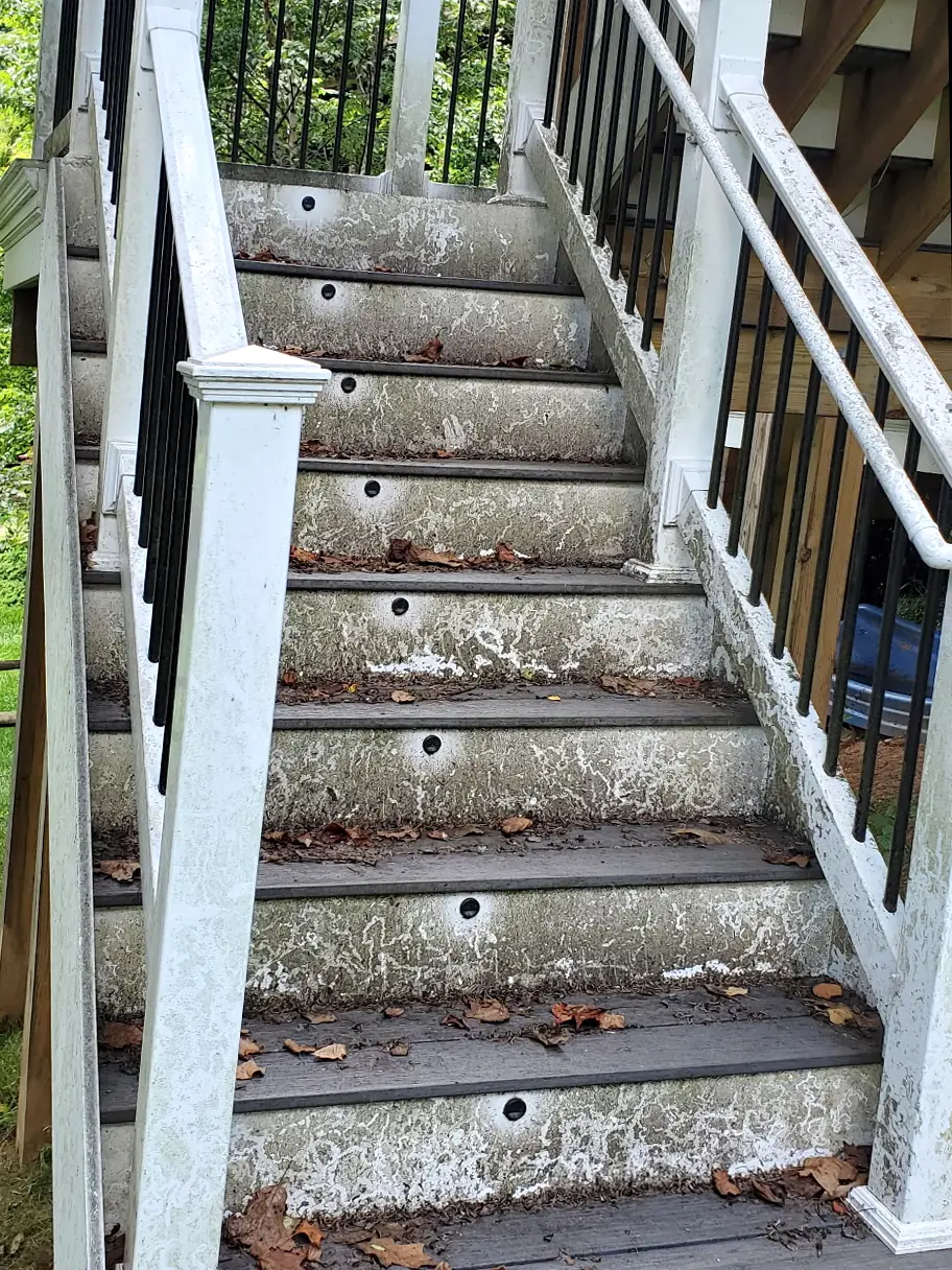 Before: Composite deck stairs with white risers and rails blotched with mildew, and leaves on the gray treads